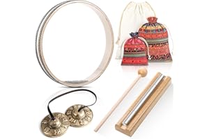Maasechs 3 Sets Meditation Instrument Include Tibetan Tingsha Cymbals One Tone Hand Chime Bell with Drumstick and Wave Bead Sea Drum with Drawstring Cloth Bag for Teachers Classroom Management