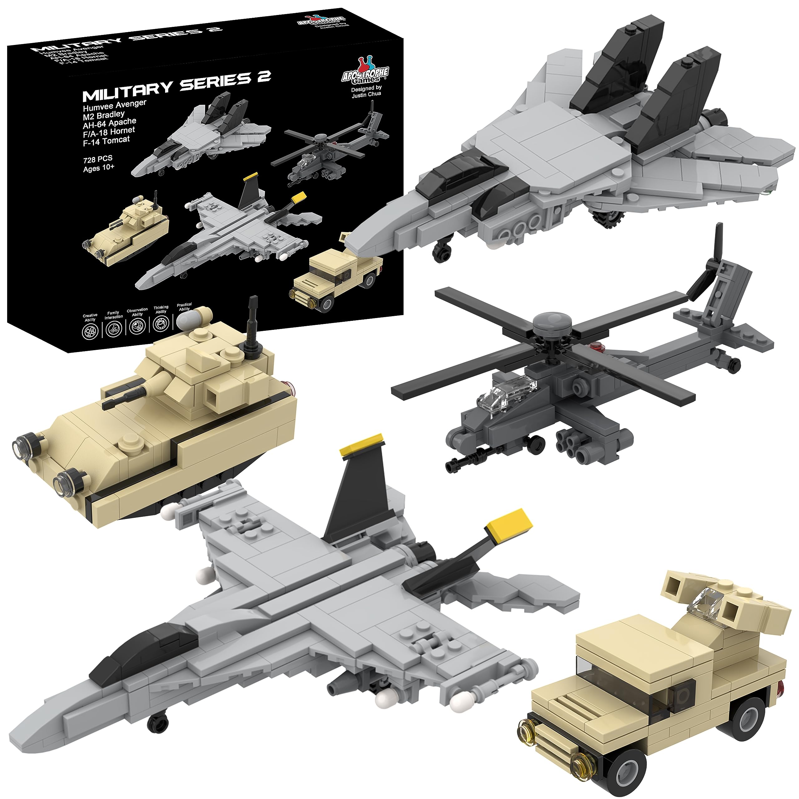 APOSTROPHE Games 5 Military Building Block Sets (730 Pieces) F/A-18 Hornet, F-14 Tomcat Fighter Jet, AH-64 Apache Helicopter, M2 Bradley Tank, and Humvee Avenger — image 1