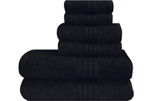BOUTIQUO 6 Pack Cotton Towel Set, Contains 2 Bath Towels 28x55 inch, 2 Hand Towels 16x24 inch & 2 Wash Coths 12x12 inch, Ideal Everyday use, Ultra Soft Compact & Lightweight - Black