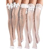 Bencailor 4 Pairs Fishnet Thigh High Stocking Silicone Lace Top Sheer Over Knee Stocking Silky Stockings for Women