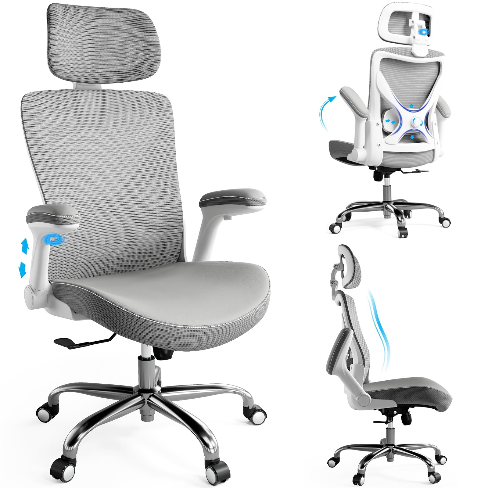 Photo 1 of **INCOMPLETE, DAMAGE** Ergalithic Ergonomic Office Chair-Computer X-Shaped Chair Mesh PU Leather with Adjustable Lumbar Support-Executive Desk Chair High Back with Headrest Flip-Up Arms for Long Hours (White-Grey)