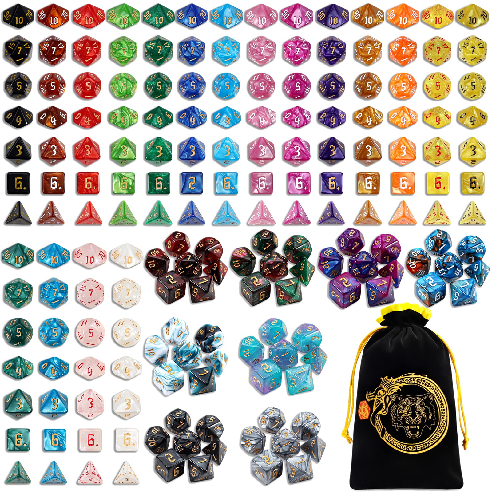 YILAIDA Polyhedral Dice, 182 Pieces - 26 Colours DND Role Play Versatile Game Dice for DND RPG MTG Table Games D4 D6 D8 D10(00-90 and 0-9) D12 D20