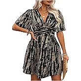 Floerns Women's Plus Size Printed V Neck Short Sleeve Ruffle Hem Summer Short Dresses
