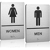 Bathroom Signs, Men's & Women's Restroom Signs for Business, Brushed Aluminum ADA Raised Braille Restroom & Bathroom Door Sign with Strong Self-Adhesive, Silver Size 9'' X 6 '' （2 Pieces Set）