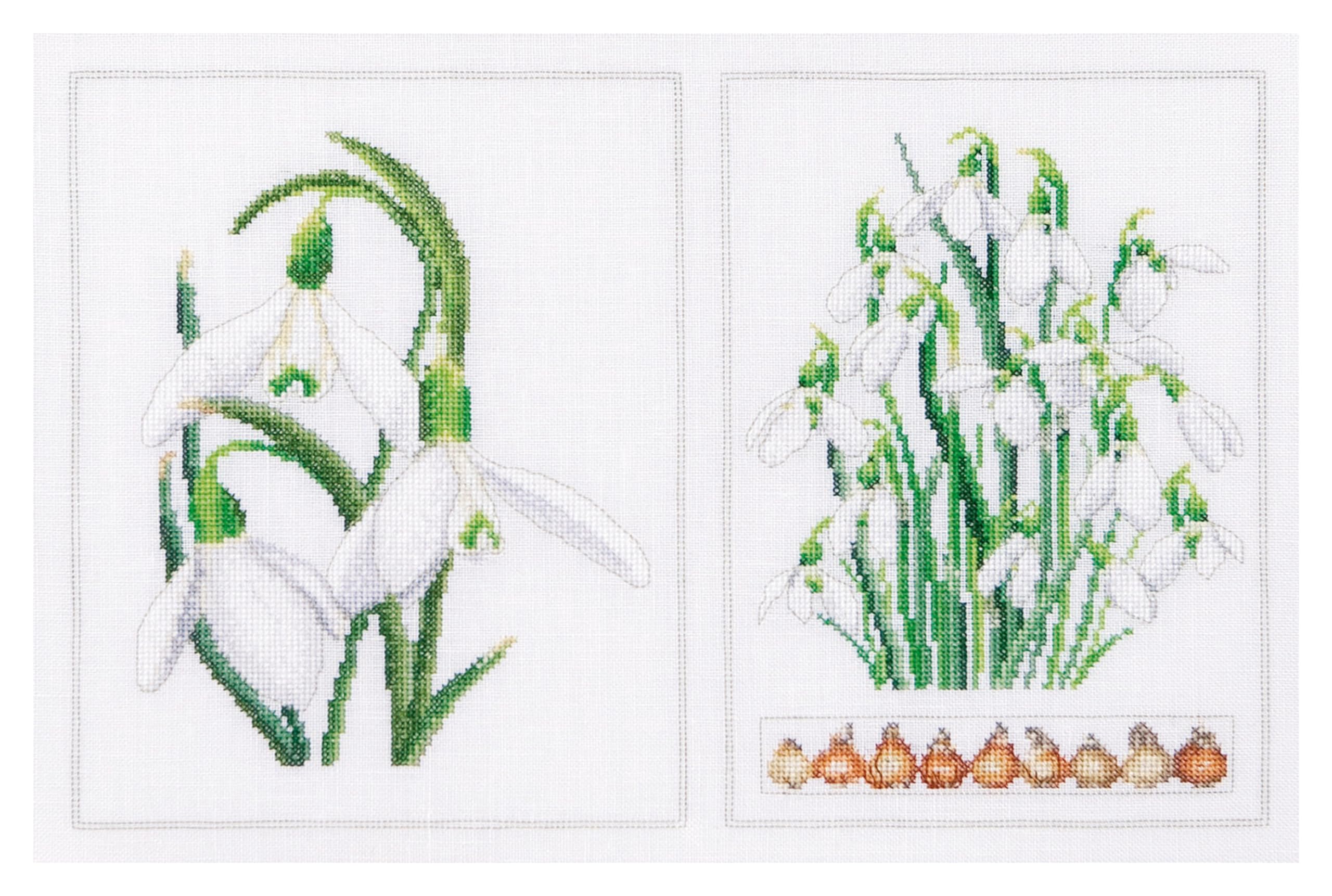 Thea Gouverneur - Counted Cross Stitch Kit - Snowdrops Panel - Aida - 18 Count - Embroidery Kit for Adults - DMC Embroidery Threads and Other Cross Stitch Supplies Included - 446A