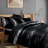 Manyshofu Black Satin Duvet Cover King with Fitted Sheet 6 Piece | Satin With Silky Texture, Includes 4 Pillowcases, Reduces Hair Friction, Machine Washable And Durable, Zipper Closure