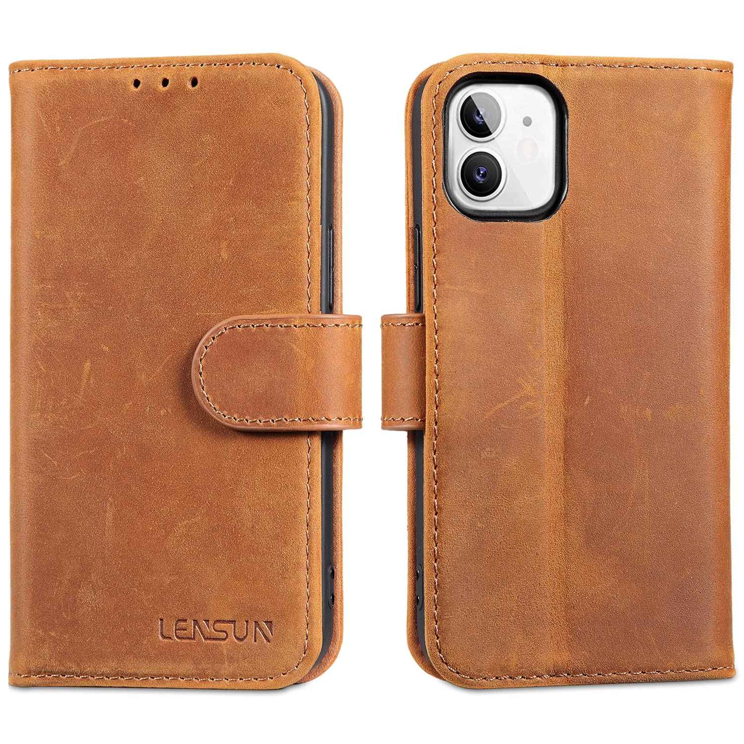 LENSUN Flip Case for iPhone 12 Mini, Genuine Leather Shockproof Wallet Phone Cover [RFID Blocking] with Card Holder Compatible with Apple iPhone 12 Mini - Vintage Brown