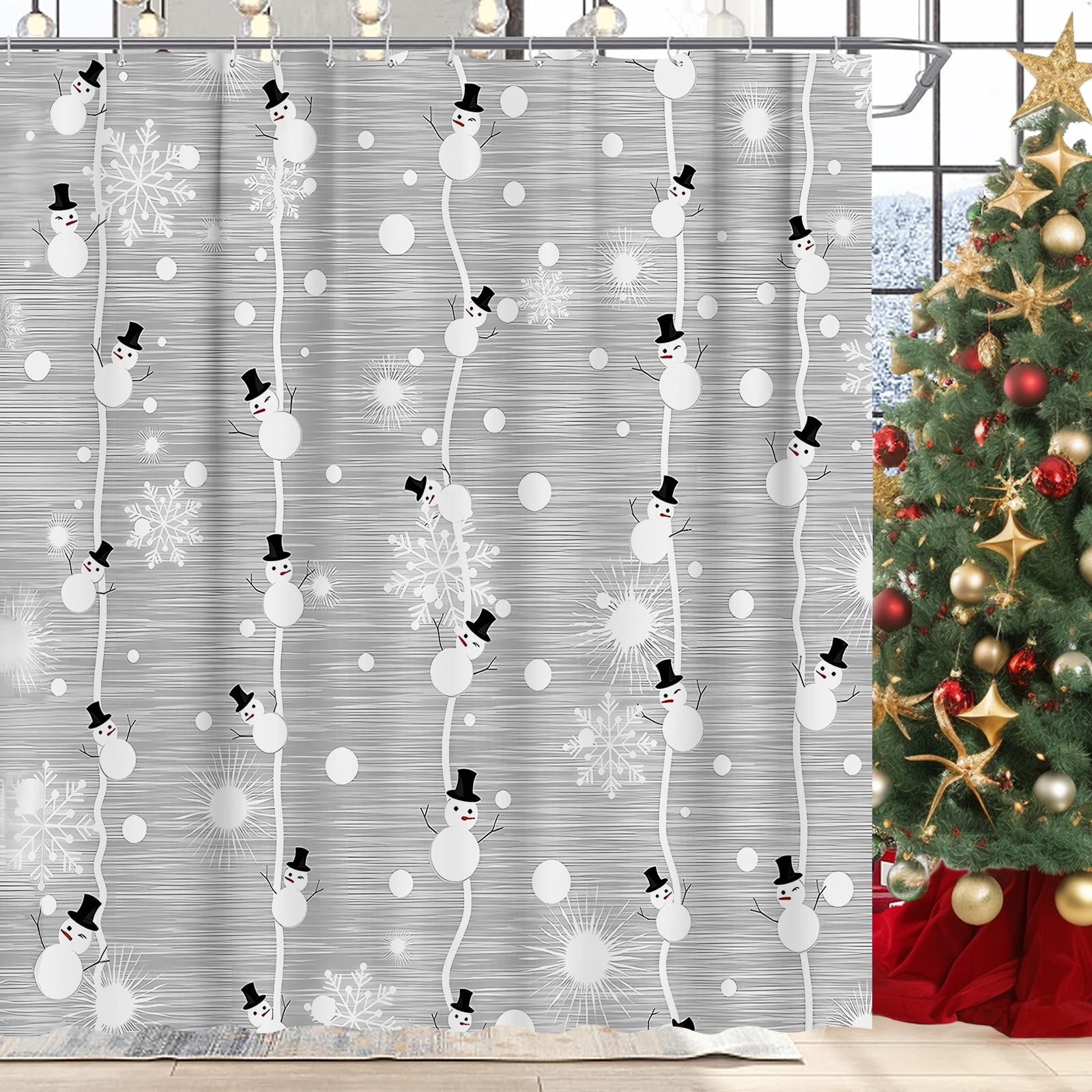 GOOESING Merry Christmas Shower Curtain, Snowman and Snowflake on Grey Background Digital Print, Fabric Bathroom Decor with Hooks, 180x180