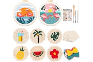 Sukhumvit Punch Needle Kit, 8Pcs Hawaiian Punch Needle Kit for Adults Beginners, Punch Needle Coasters Kit with Adhesive Pads, Embroidery Hoops, Yarns, Starter Punch Needle Tool for Art Crafts