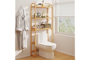 Tangkula Bamboo Over The Toilet Storage, 3-Tier Over Toilet Organizer Rack with 5-Position Adjustable Shelves, 3 Hooks, Adjus