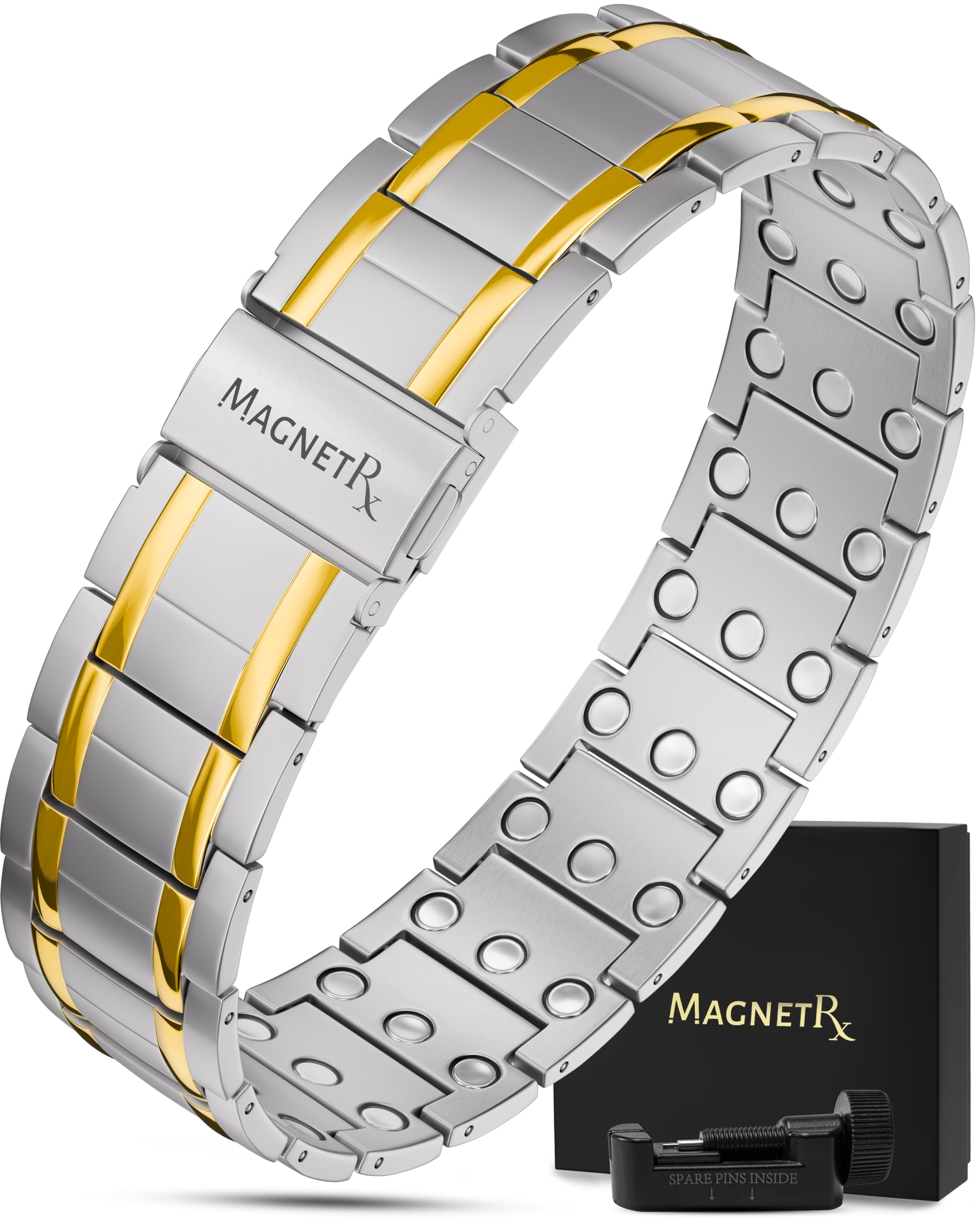 MagnetRX® 3X Strength Magnetic Bracelets for Men – Effective Titanium Magnetic Bracelet Men – Premium Fold–over Clasp & Adjustable Length with Sizing Tool & Gift Box (Silver/Gold)