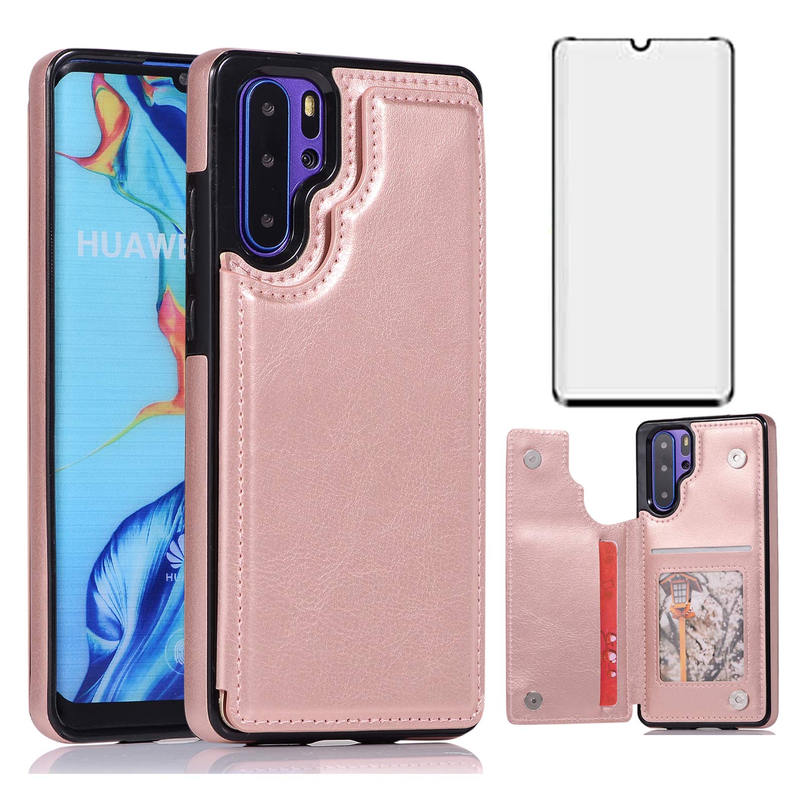 Asuwish Compatible with Huawei P30 Pro Wallet Case Tempered Glass Screen Protector Card Holder Cover Leather Filp Stand Cell Accessories Phone Cases for Hawaii P30Pro P 30 Pro30 Women Men Rose Gold