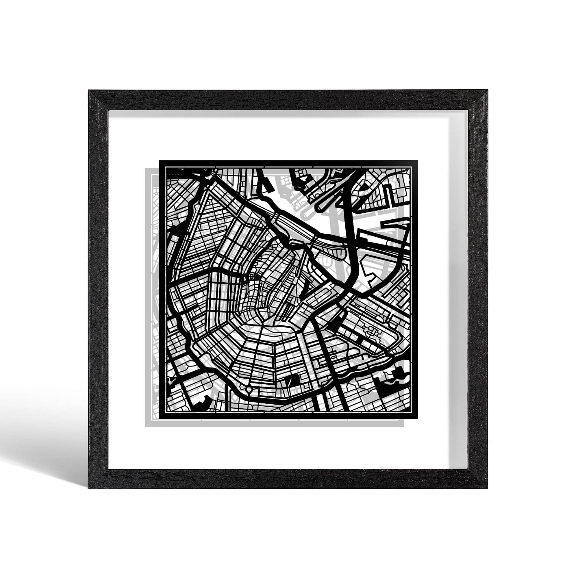 O3 DESIGN STUDIO Amsterdam Marco de Papel para mapas, Black map, Black frame, 9x9 inches, Gift Boxed, 2 background color, self-changing, Paper Art