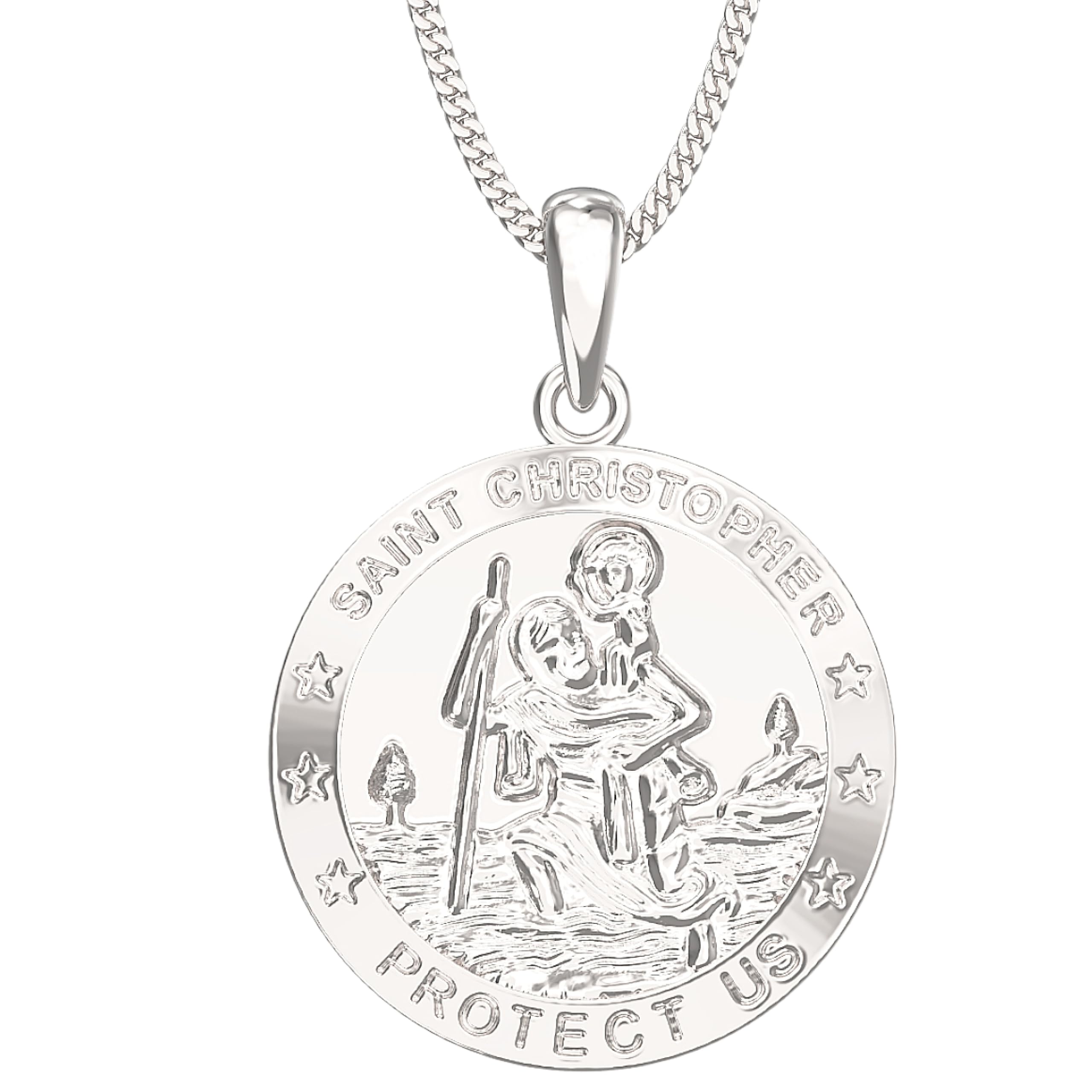 Aeon Silver St Christopher Necklace - 925 Sterling Silver Pendant | Double Sided | Holy Christian Travel Protector | Adjustable 16-18" Chain (18mm) (Protect Us)
