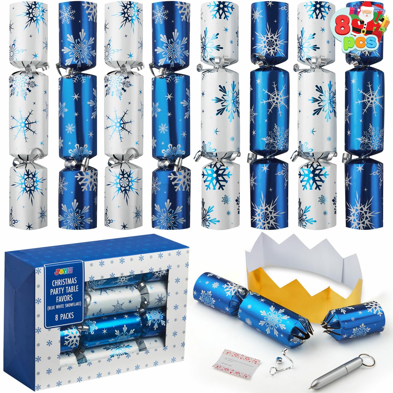 JOYIN 8 Pack Christmas Party Favor Non-Snap Blue & White Snowflake Design Party Table Favors with Holiday Party Favor Supplies for Kids and Adults, Christmas Parties, Dinners and Holidays