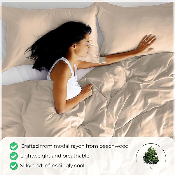 SUPERIOR MODAL FROM BEECHWOOD 400 THREAD COUNT DUVET COVER SET, SILKY SOFT COOL BEDDING ESSENTIALS, SATEEN WEAVE, SET INCLUDES 1 DUVET COVER WITH BUTTON CLOSURE, 1 PILLOW SHAM, TWIN/TWIN XL, LINEN