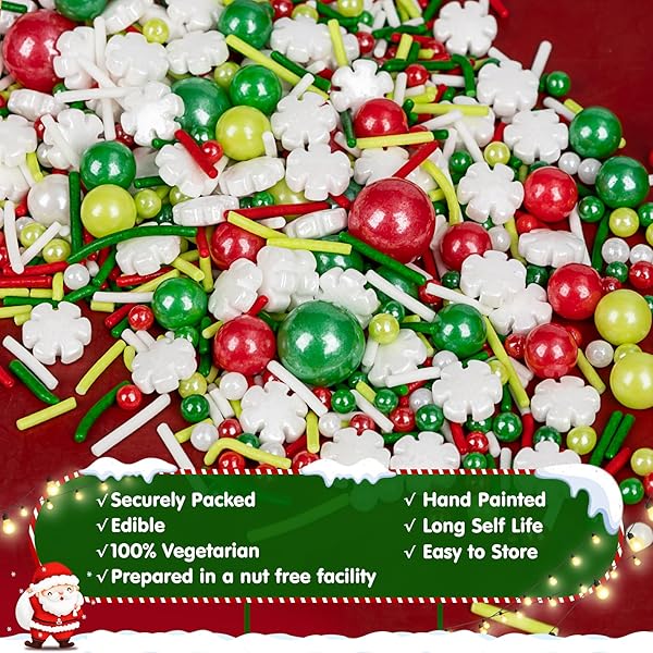 EDIBLE CHRISTMAS SPRINKLES FOR CAKE DECORATING,130G,WHITE SNOWFLAKES RED GREEN PEARLS AND JIMMIES MIX,EDIBLE WINTER SUGAR PEARL HOLIDAY SPRINKLE FOR CUPCAKE TOPPERS,COOKIE,ICE CREAM DESSERT DECORATIONS BIRTHDAY CHRISTMAS PARTY SUPPLIES