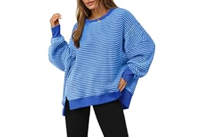 Fisoew Women's Fall Oversized Sweatshirt Casual Waffle Knit Long Sleeve Crewneck Split Pullover Tunic Tops