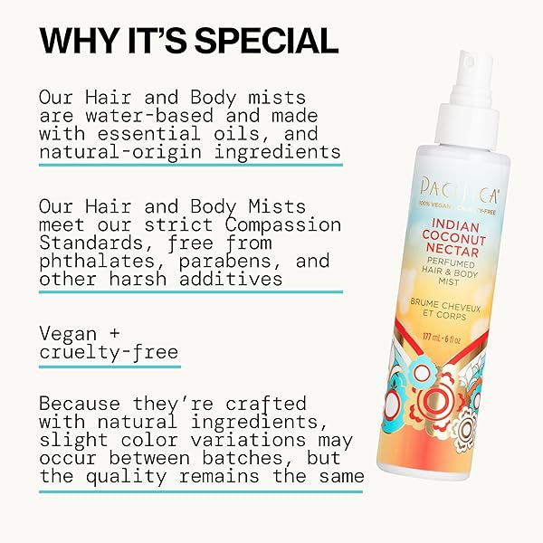 PACIFICA BEAUTY, INDIAN COCONUT NECTAR HAIR PERFUME & BODY SPRAY, COCONUT AND CREAMY VANILLA SCENT, NATURAL & ESSENTIAL OILS, ALCOHOL FREE, CLEAN FRAGRANCE, VEGAN & CRUELTY FREE
