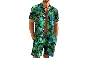 KYKU Mens Hawaiian Shirt and Short Set - Summer Short Sleeve Button Down Beach Shirts Tropical Vacation 2 Piece Outfits