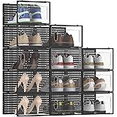 12 Pack Large Modular Clear Plastic Stackable Shoe Storage Organizer for Closet, Space Saving Versatile Sneaker Shoe Rack Containers Bins Holders, Portable Closet Organizers and Storage, Black