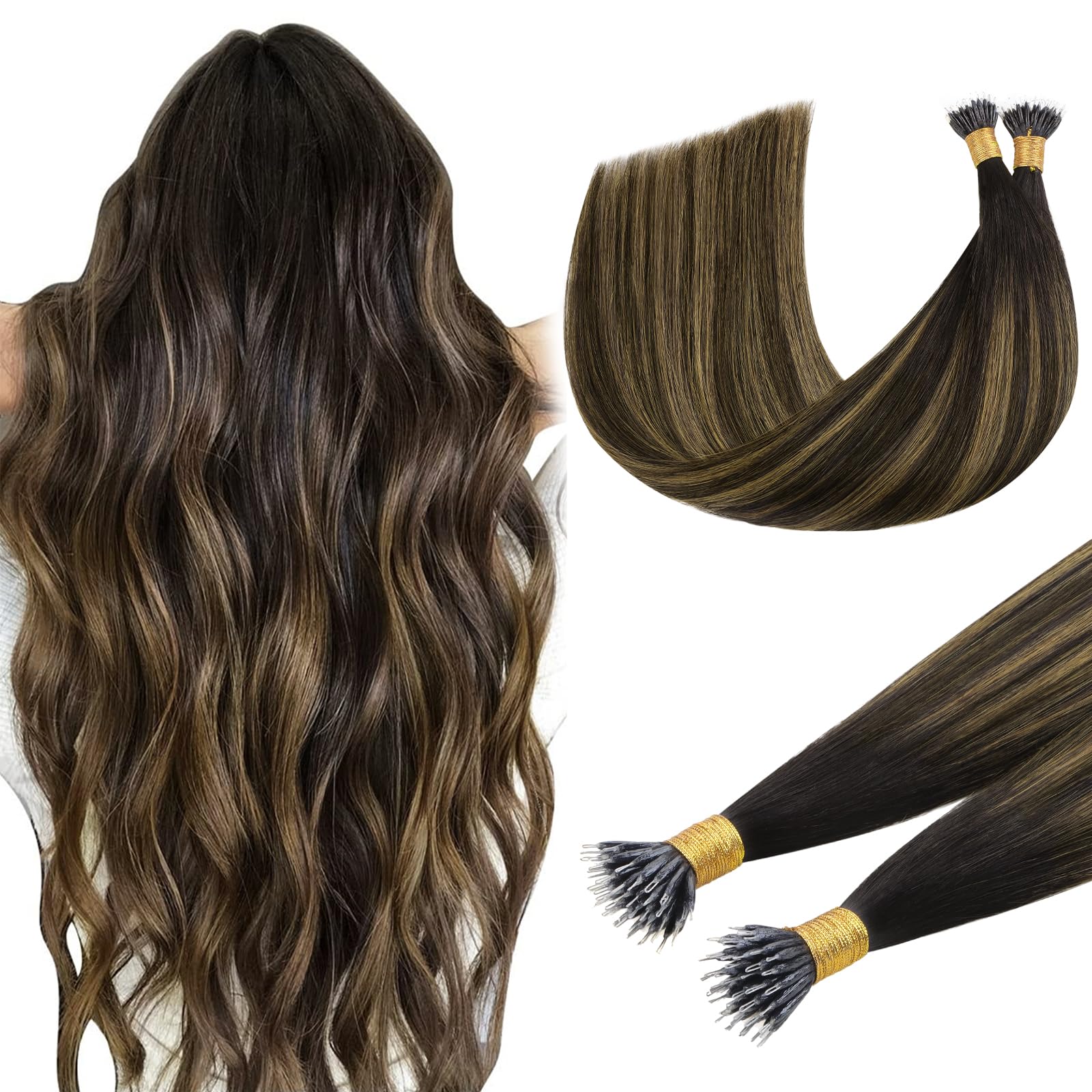 DOORES Nano Hair Extensions Real Human Hair, 14 Inch 50g 100s Balayage Dark Brown to Chestnut Brown, Cold Fusion Nano Extensions Remy Full Head — image 1
