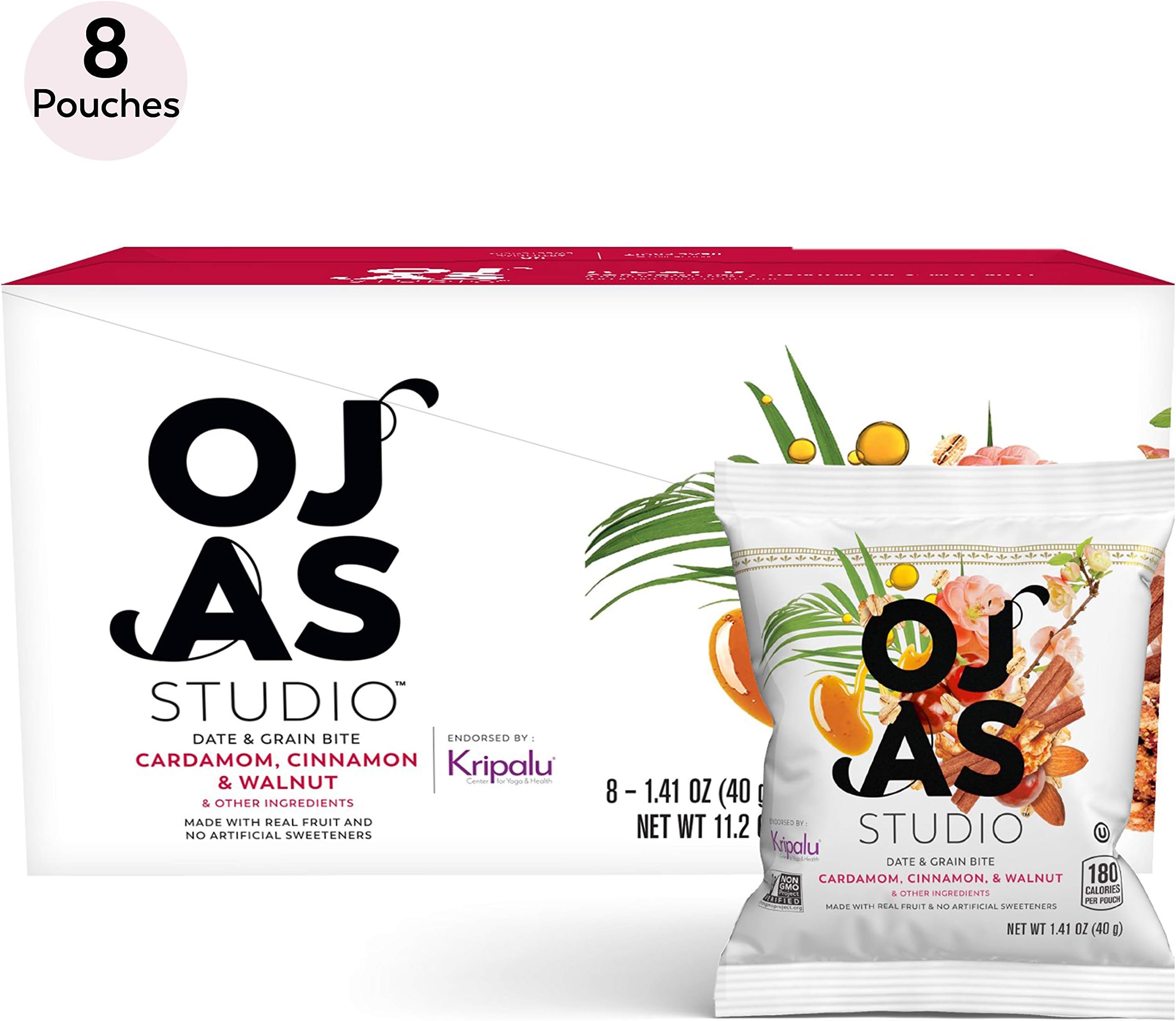 OJAS STUDIO Date & Grain Bites, Warm Cardamom, 8 Pouches, 5-7 bites per Pouch, made with organic dates & oats, no artificial sweeteners