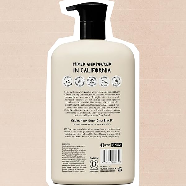 CALIFORNIA NATURALS BODY WASH FOR WOMEN AND MEN, VITAMIN E SHOWER GEL CLEANSER, NATURAL, VEGAN & CRUELTY FREE, PARABEN & SULFATE FREE, MOISTURIZING SKIN, COCONUT, ALL SKIN TYPES, 16.5 FL OZ
