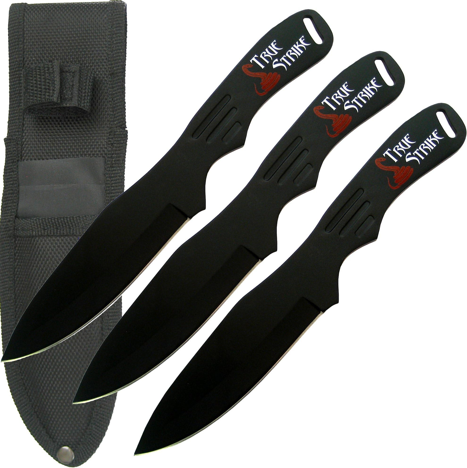 True Strike TS-179-3 Series Throwing Knife Set with Three Knives, Stainless Steel Handles, Nylon Sheath, 8-Inch Overall (Black)