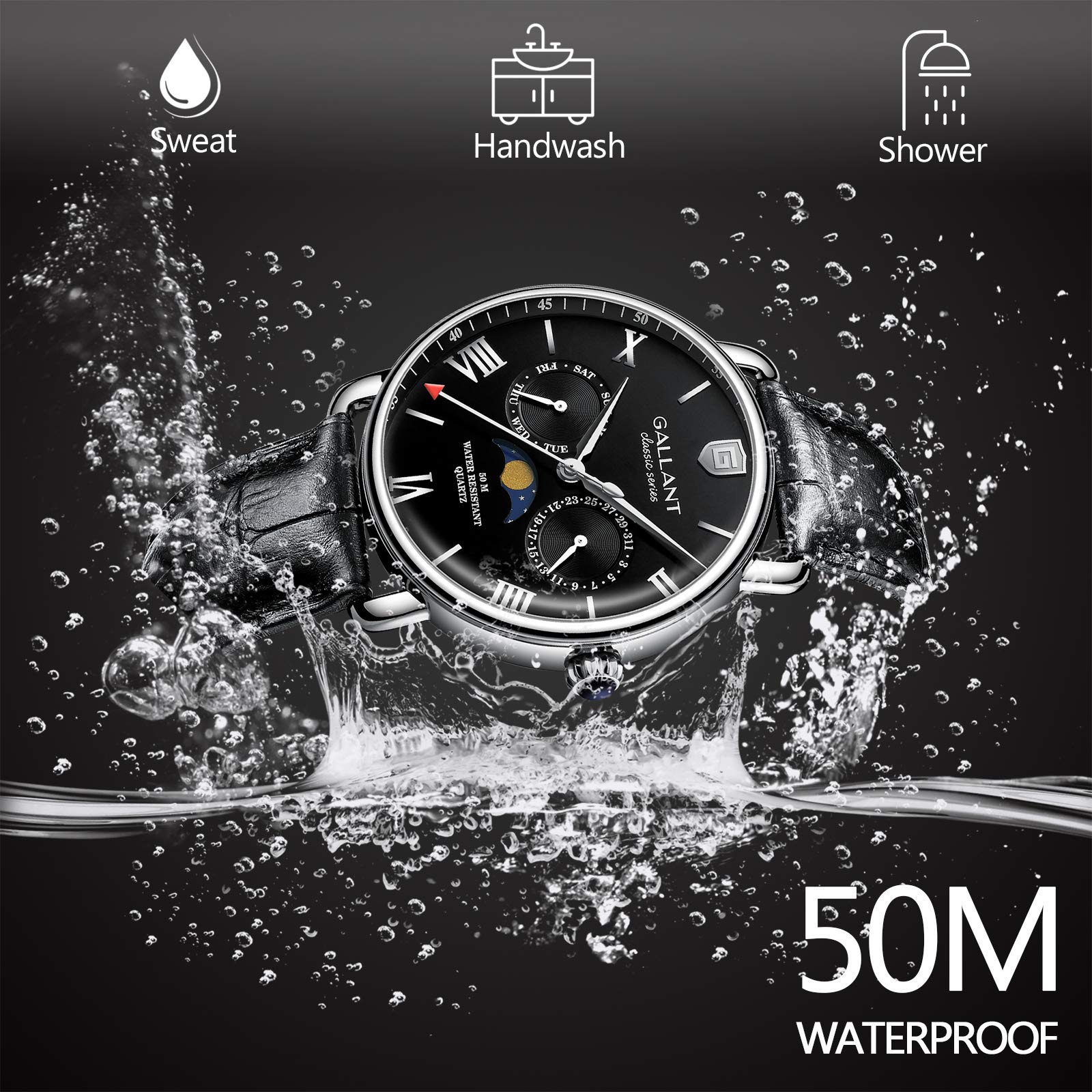 Mens Wrist Watch, GALLANT Analog Quartz Watches Men Wristwatch Leather Band Strap with Date Moon Phrase Date Calendar Waterproof Black Dial Casual Watch for Sports Daily Business