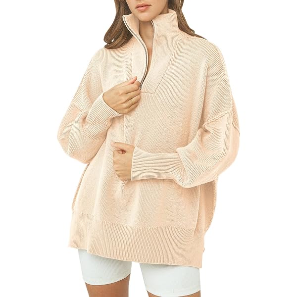 LOGENE Women's 1/4 Zipper Sweatshirt Long Sleeve Oversized Slit Side Knit  Pullover Sweaters, Apricot, X-Small : Amazon.ca: Clothing, Shoes u0026  Accessories
