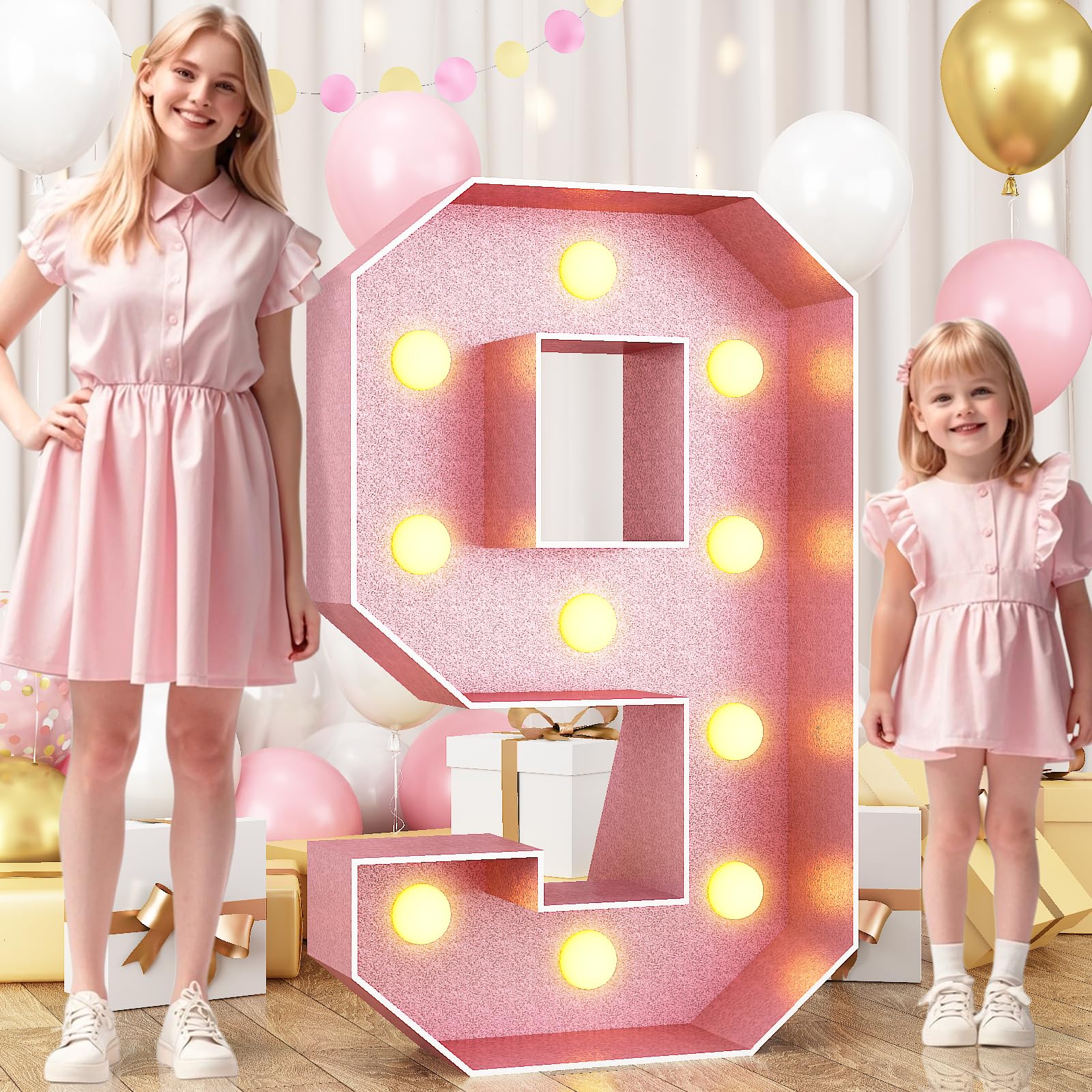 Photo 1 of 4ft  Number 9, Pink Number 9 Marquee Large Marquee Mosaic Numbers for Party, Big Numbers with Lights Giant Light Up 4 Feet Tall DIY Frame Pre-Cut Foam Board Kit for Birthday Anniversary