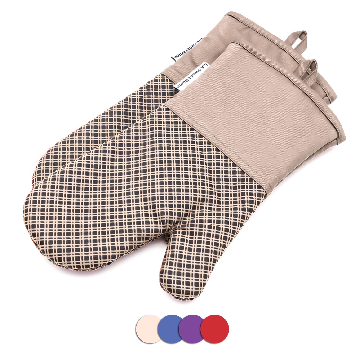 Silicone Oven Mitts Plaid Heat Resistant Potholders Cooking Gloves Non-Slip Grip for Kitchen Oven, BBQ Grill and Fire Pits - Ideal for Cooking, Baking 7x13 inch 1 pair (khaki) by LA Sweet Home
