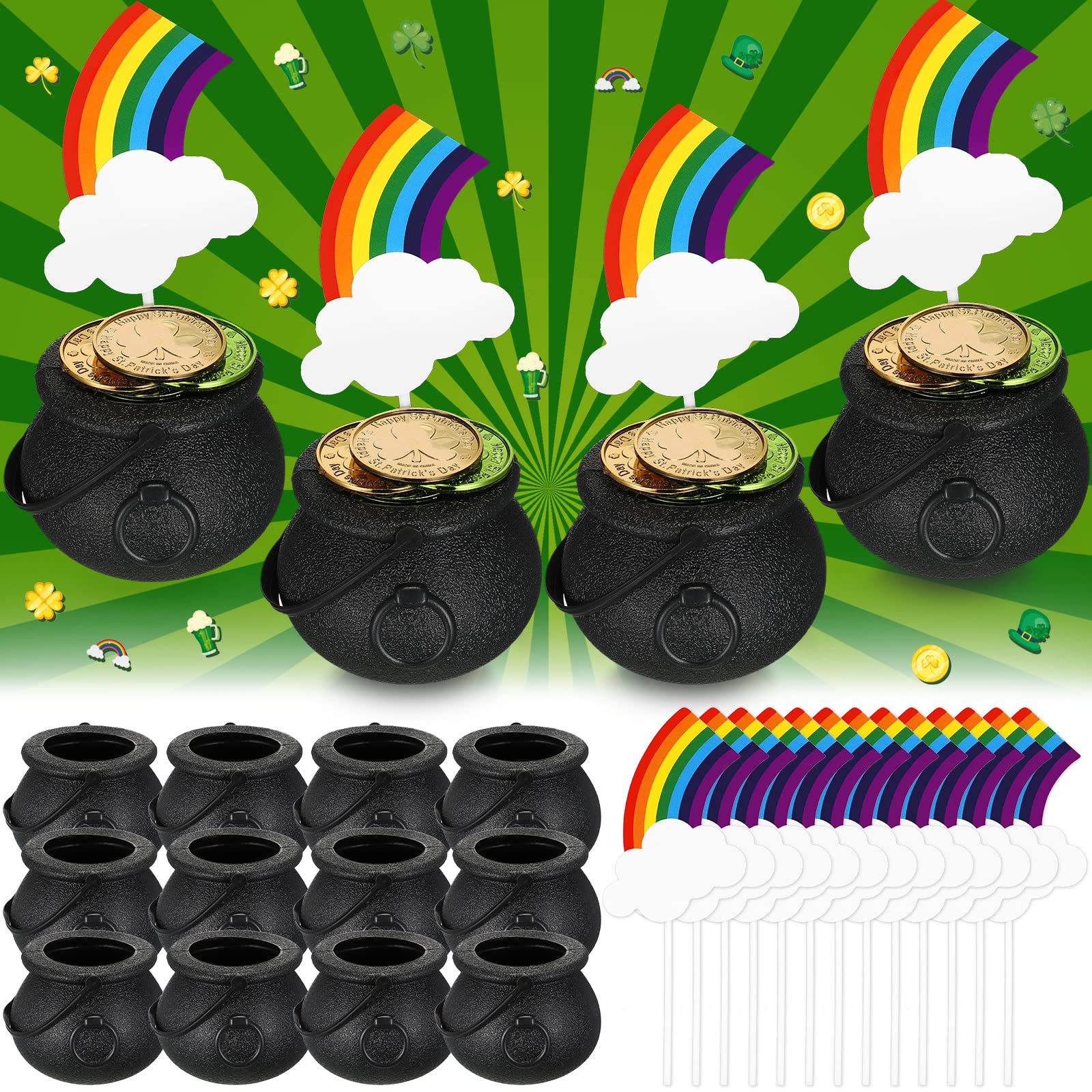 Photo 1 of 12 Pcs Mini Black Cauldron and 12 Pcs Cloud Rainbow Cake Toppers Cupcake Decorations Plastic Candy Kettles with Handle Plastic Small Cauldron for St Patricks Day Party Favor Leprechaun Supplies