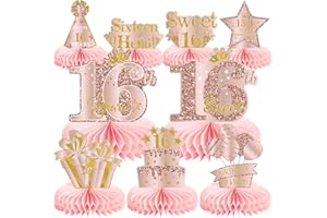 MOORAY 9Pcs 16th Birthday Decorations Pink Rose Gold Honeycomb Centerpieces for Girls,Happy 16th Birthday Table Centerpieces Party Supplies,Sixteen Year Old Birthday Table Toppers Decor