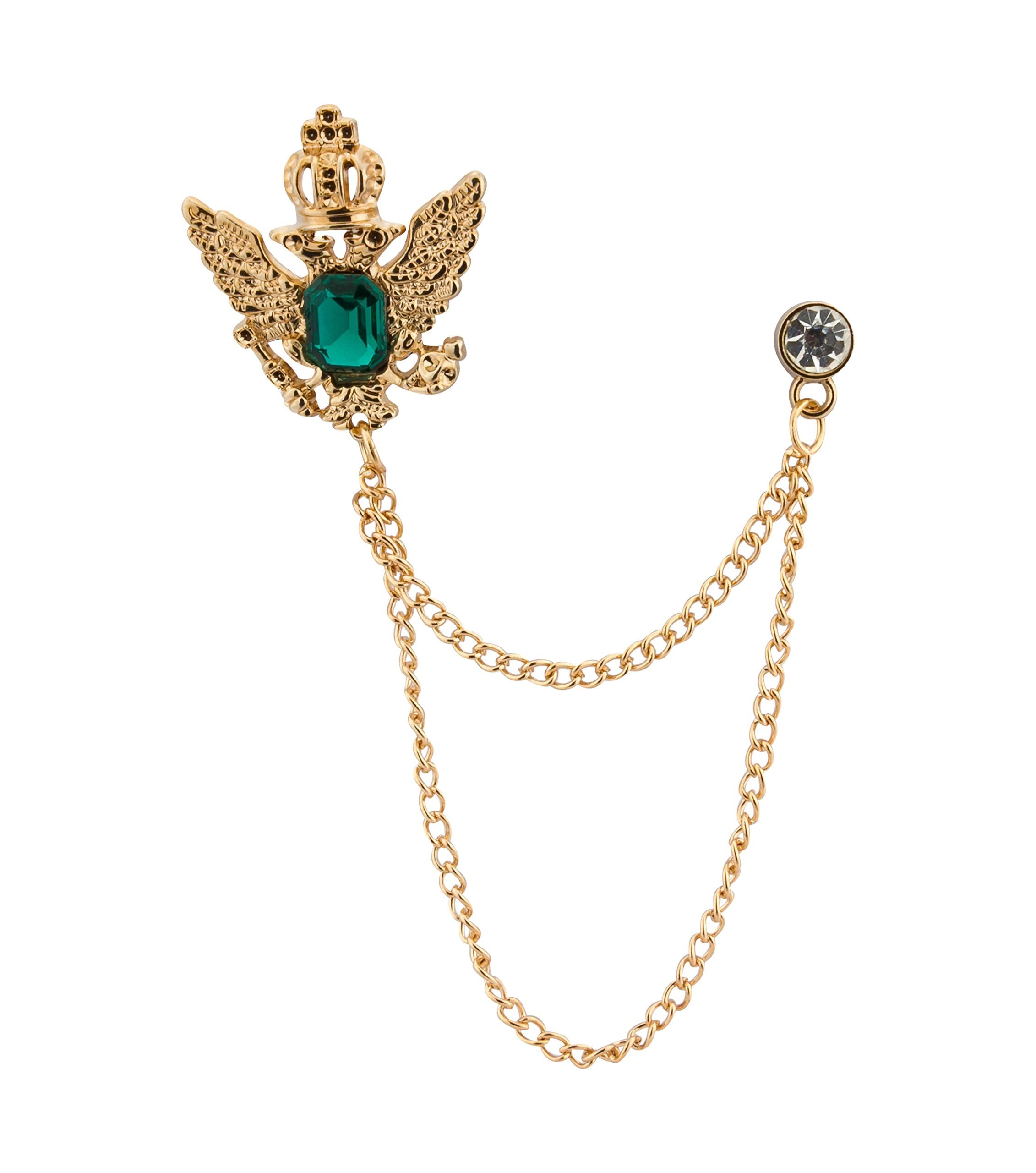Brooch Lapel Pin for Men Golden Crown Stone with Hanging Chain Golden Badge Coat Suit Wedding Gift Party Shirt Collar Accessories