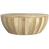 SIMPLIHOME Elmbrook Coffee Table - 34 inch Wide Solid Mango Wood Modern Industrial Round Drum Cocktail Table in Natural, Scul