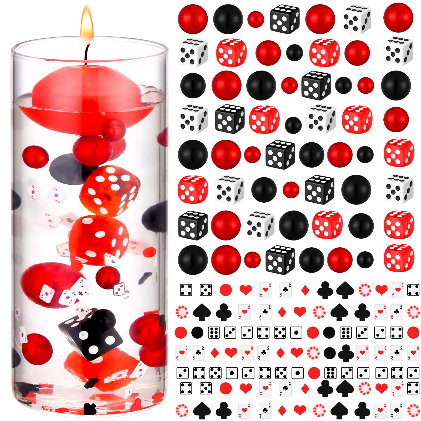 Photo 1 of Seenelling 1320 Pcs Casino Theme Vase Fillers for Centerpieces Include Dice Pearls Mini Playing Cards Casino Party Decorations Las Vegas Night Table Floating Dice for Wedding Birthday Events