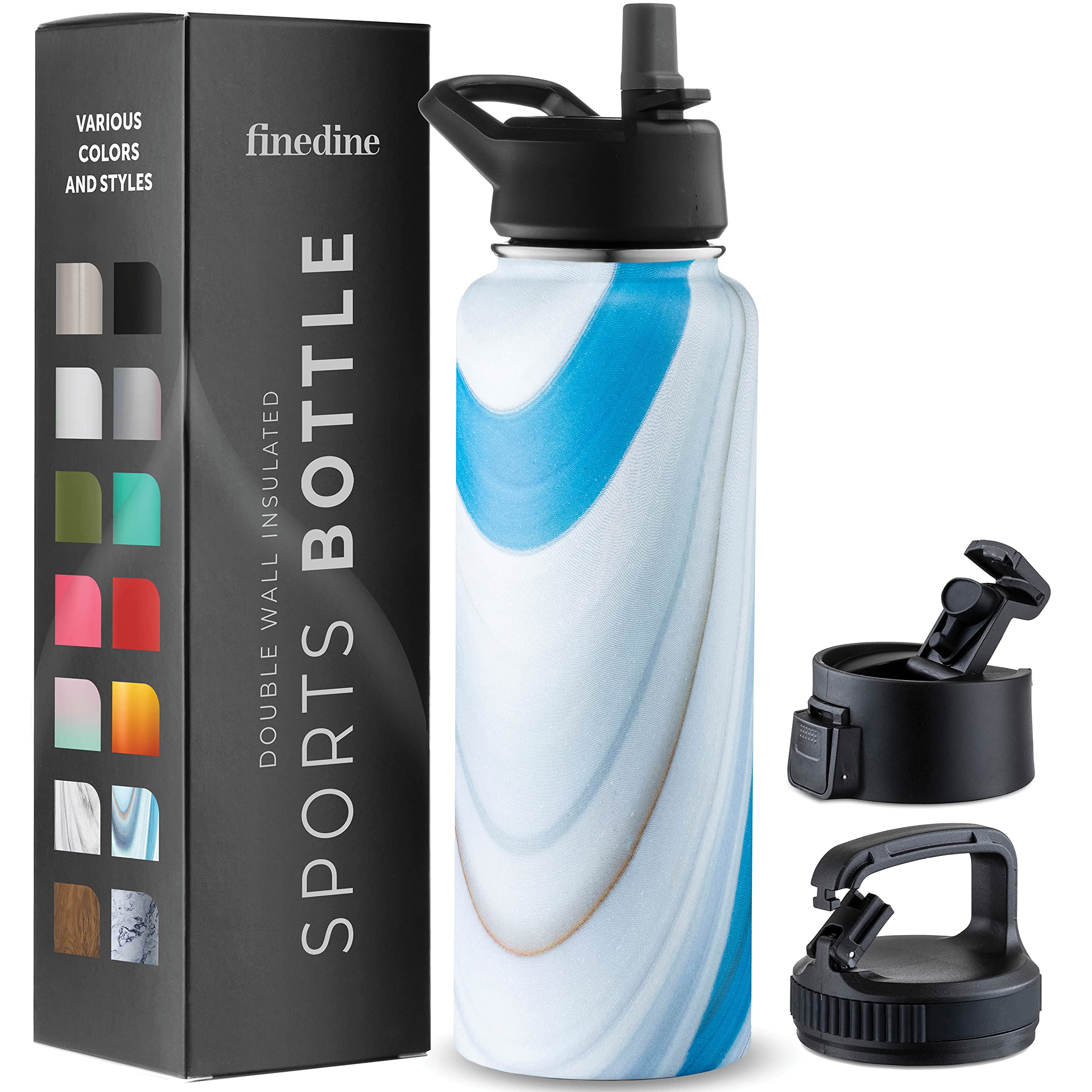 FineDine Water Bottle - Stainless Steel Insulated Water Bottle with Straw Lid, Flip Lid & Wide-Mouth Cap - Keeps Hot and Cold - 40 Oz / 1.18L - Exquisite Blue Marble