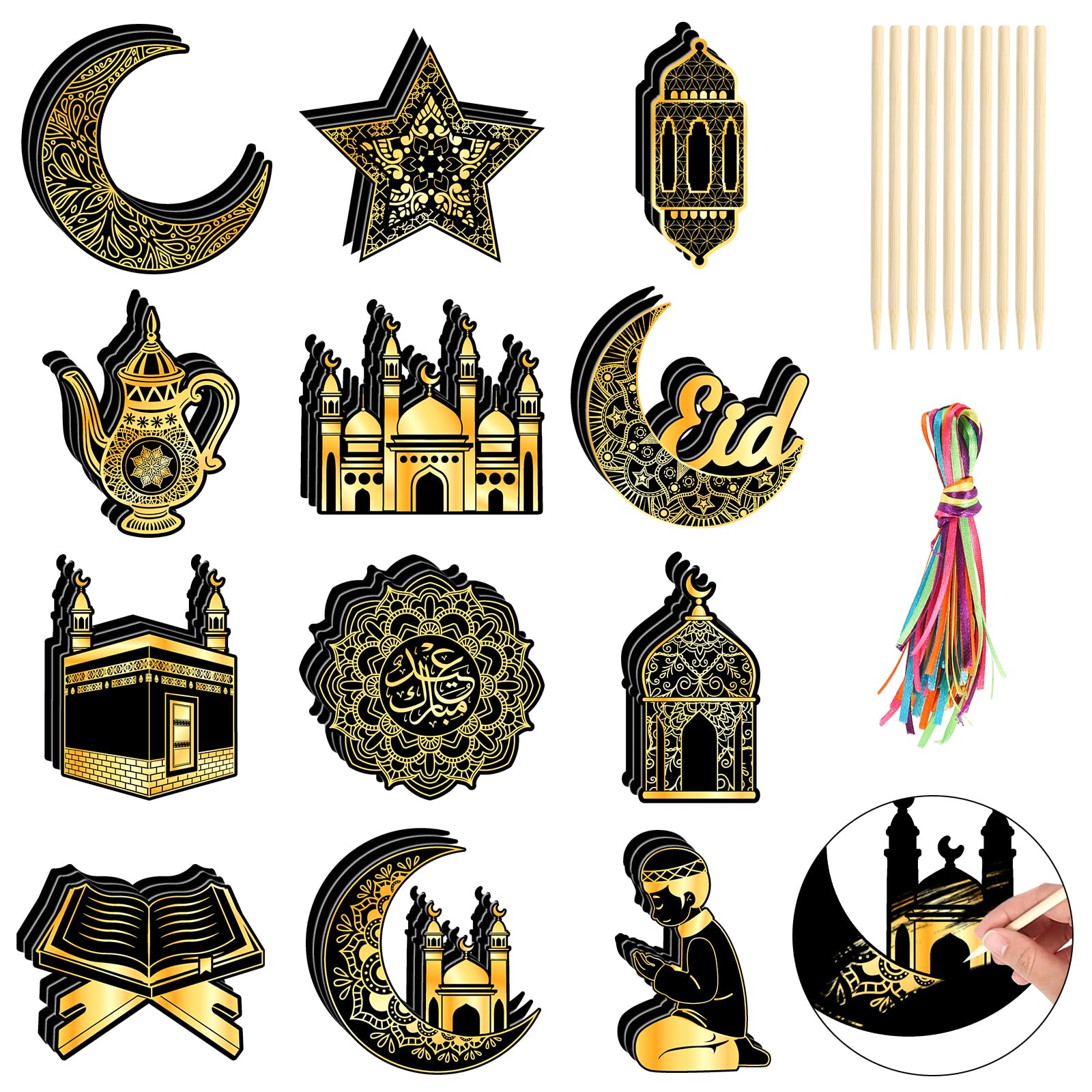 DPKOW 36pcs Eid Scratch Art for Kids Adults, Black Gold EID SCRATCH ART Paper Moon Lantern Mosque Eid Decorations, Eid Gifts for Kids, Islamic Gifts Ramadan Scratch Art, Eid Presents