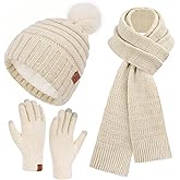 Womens Winter Hats Beanie Touchscreen Gloves Long Scarf Set Knit Warm Caps with Pom Fleece Gifts for Women