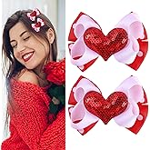 Totelux Valentines Bow Hair Clips Sequins Heart Hair Barrettes Bowknot Hairpin Grosgrain Ribbon Valentines Hair Accessories for Women Girls Red 2PCS