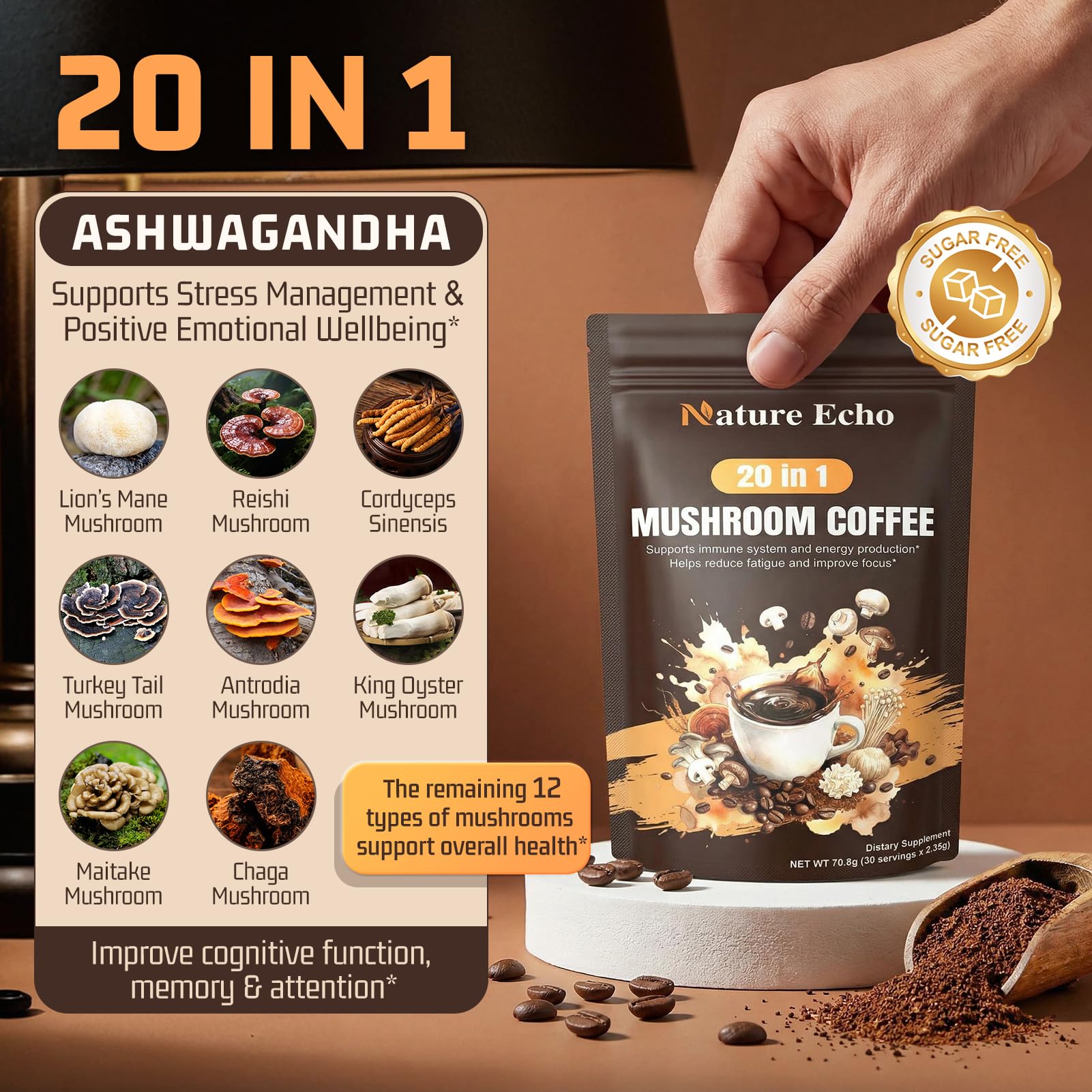 Nature Echo 20 in 1 Mushroom Coffee with Ashwagandha | Lion’s Mane, Reishi, Cordyceps & More - Instant Coffee Powder for Focus, Memory, Immune & Gut Support | 2.5 Ounce | Sugar Free