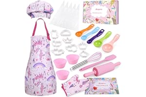 Anpro Complete Kids Cooking and Baking Set - 27 Pcs Includes Aprons for Girls, Chef Hat, Mitt & Utensil to Dress Up Chef Costume Career Role Play for 3-7 Years Girls