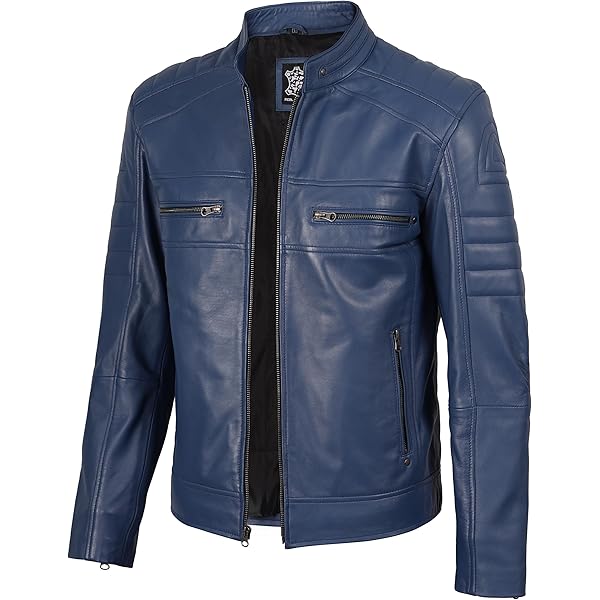 Men's Leather Jacket, Black and Navy Blue, Zip Front, Stand Collar
