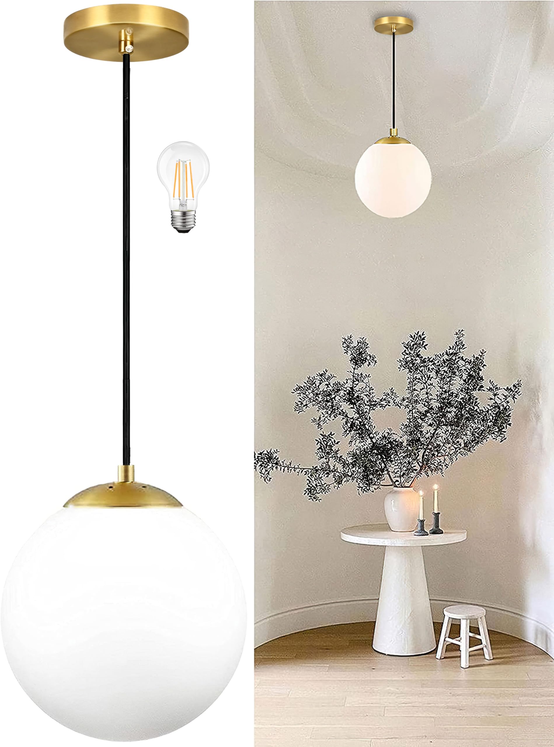 Photo 1 of KoKo&Yukina 8 Inch Gold Modern Globe Pendant Light White Glass with Brass Finish Contemporary Mid Century Adjustable Hanging Light Fixture for Living Room Bedroom Bathroom Kitchen (Bulb Incl.)