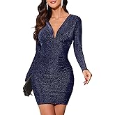 oten Women's Sparkly Deep V Neck Long Sleeve Ruched Bodycon Cocktail Party Club Night Out Glitter Short Dresses