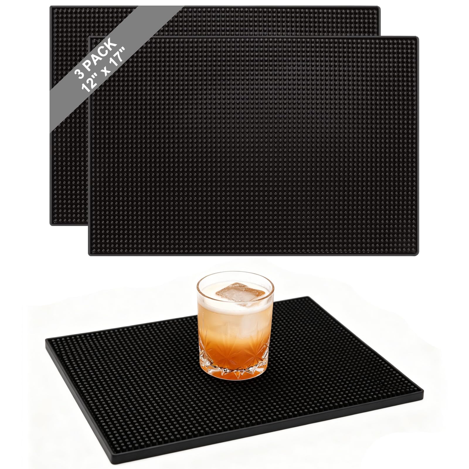 AHAQU 3PCS Bar Mat, Rubber Bar Service Mat, 12" x 17" Black Non Slip Rubber Bar Mats, PVC Whiskey Beer Coffee Glass Spill Mats for Coffee Bars Kitchen Restaurants Counter