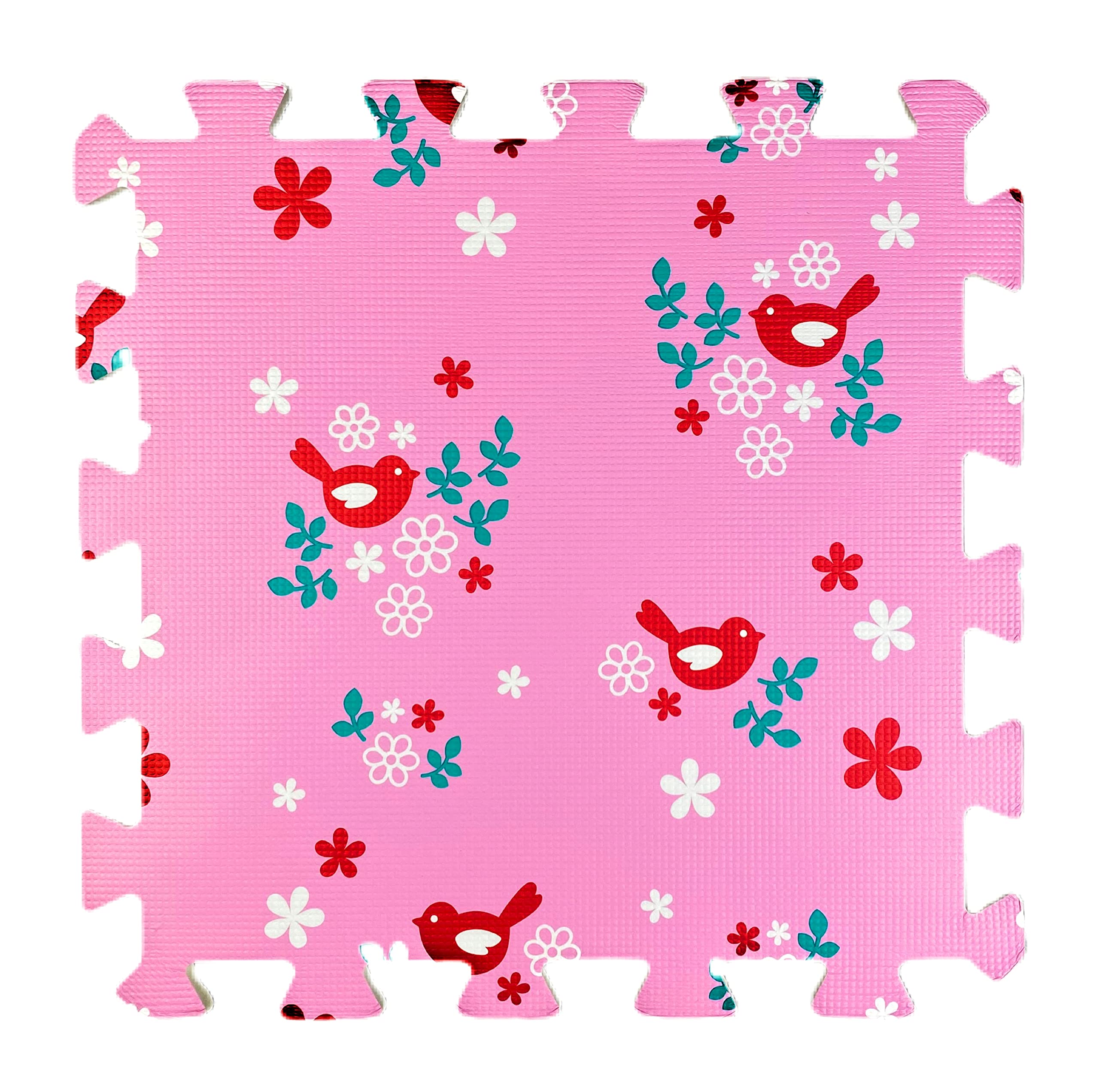 Children's Pink Foam Play Mats - 9 Soft Interlocking Floor Mats with Bird Pattern for Children
