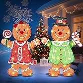 DomKom Set of 2 Lighted Gingerbread Man Christmas Decorations, 27 inch Pre-Lit Light Up Gingerbread Couple with Candy Cane & Lollipop 50 LED for Xmas Indoor Outdoor Yard Lighted Holiday Displays